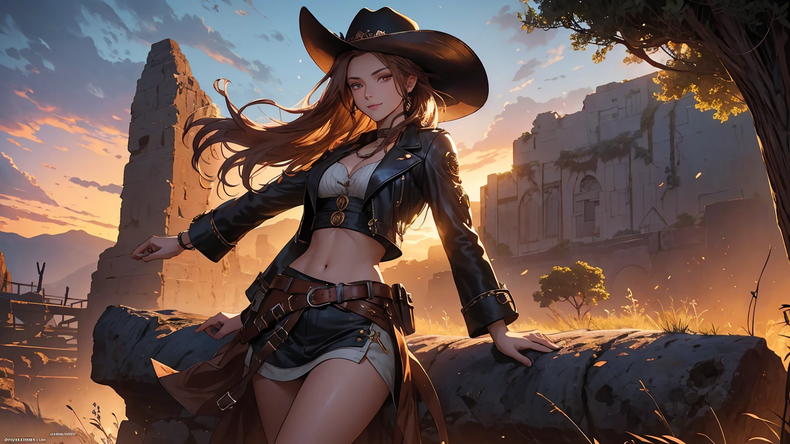 Arte de anime Genshin Impact: ((masterpiece: 1.2, 16k, super detail, best quality, accurate, high resolution, high quality)), (Wallpaper), Young cute cowgirl, age 18, super model, smiling, short brown leather jacket with open front, cowboy belt, brown cowboy hat, leather boots, braided hair, elegant posture, elegant cowgirl in the spotlight, illustrative style inspiration from the Charles Marion Russell, freedom, strength, confidence, full body portrait, standing, top model pose, seductive expression, Full breasts, Tight shirt, Midriff, beautiful latin girl, looking at the spectators, beautiful and charming girl, perfect clean model face, exquisite facial features, detailed face, clear facial expressions, long wavy hair, gradient hair, beautiful detailed eyes, piercing and enchanting eyes, luscious lips, beautiful detailed glossy lips, rosy cheek, enchanting smile, perfect body, slim waist, dynamic poses, solo girl, wild west setting, plain of the American West, wide and warm old sky, the sunset, a desert with dry soil and sparse thorn trees, rocky mountains, winding river with vegetation on the banks, rusty railway track, rock formations, ruins of a miner's cabin, dilapidated railroad, complex background, very detailed illustration, Ultra-detailed CG, professional art, vibrant appearance, raw photo, (a majestic vision), (dramatic photo:1.4), cinematic, (HDR:1.5), (intricate details:1.1), natural colors, splendid lighting effects, (dramatic light), (Cinematic lighting), epic and surrealistic anime, detailed anime digital art, anime digital art, high-quality anime art style, award winning,