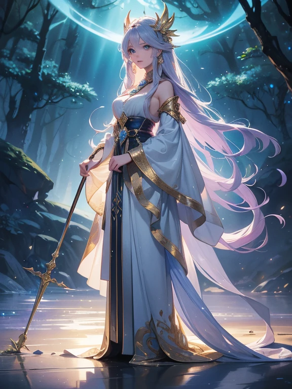 A stunning artwork of a majestic female character standing in an enchanting, mystical landscape. The full-body view showcases her in stylish and unique clothes of gold and purple, exuding an aura of elegance and power. Her long, flowing golden hair frames a face of regal beauty, highlighted by light blue eyes that radiate wisdom and an otherworldly charm. She holds a magic staff, intricately designed and glowing with mystical energy, adding to her majestic presence.
The scenery around her is a fantastical forest bathed in twilight, with towering ancient trees and luminescent flora. A serene river flows nearby, reflecting the soft glow of a setting sun. Fireflies and ethereal lights float in the air, enhancing the magical atmosphere of this tranquil setting.