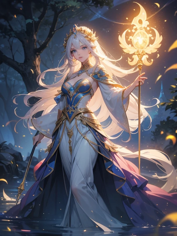 A stunning artwork of a majestic female character standing in an enchanting, mystical landscape. The full-body view showcases her in stylish and unique clothes of gold and purple, exuding an aura of elegance and power. Her long, flowing golden hair frames a face of regal beauty, highlighted by light blue eyes that radiate wisdom and an otherworldly charm. She holds a magic staff, intricately designed and glowing with mystical energy, adding to her majestic presence.
The scenery around her is a fantastical forest bathed in twilight, with towering ancient trees and luminescent flora. A serene river flows nearby, reflecting the soft glow of a setting sun. Fireflies and ethereal lights float in the air, enhancing the magical atmosphere of this tranquil setting.