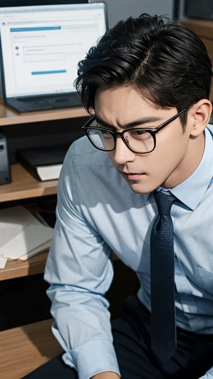 handsome businessman wearing glasses sits at a desk office worked office
