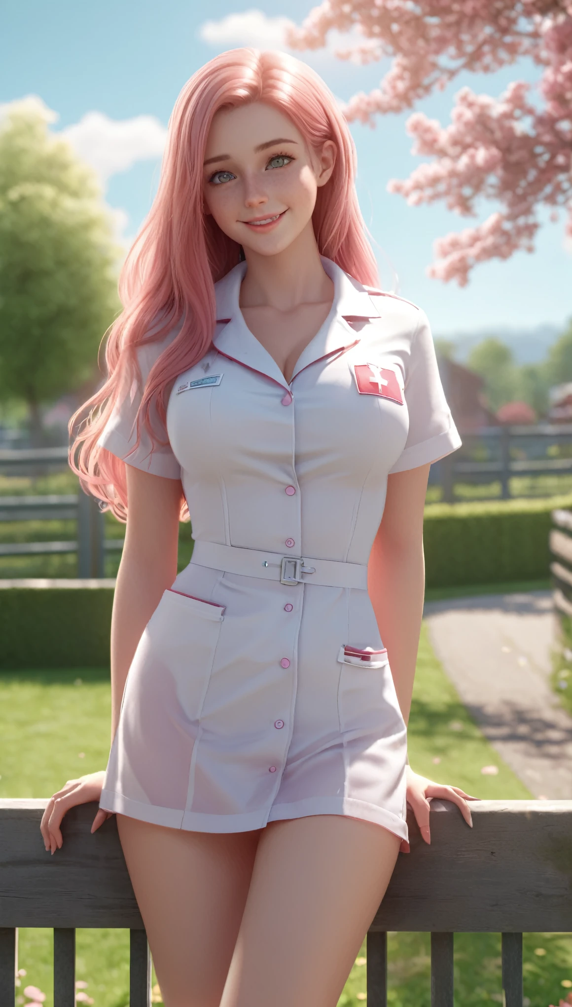 a 20 year old woman in a sexy revealing skimpy sheer nurse uniform open at the top, posing leaning on a fence, sunny park background, side boob, inspired by Elsie Few, thic, pink long hair, amber eyes, large breasts, smiling, distant full body view from head to feet, (complementary colors:1.2), (sharp focus:1.1), (Unreal Engine 5:1.2), (CGI:1.2), (high quality:1.2), (4K:1.1), (volumetric lighting:1.2), (highly detailed:1.3), (bloom:1.1), (micro details:1.2), (masterpiece:1.3), (luminescent:1.1), (aesthetic:1.3), (beautiful:1.3), (HDR:1.2), (dynamic composition:1.2), (captivating atmosphere:1.2), (immersive experience:1.3), (innovative design:1.2), (cinematic excellence:1.3), (timeless elegance:1.1), (visual storytelling:1.2), (technological marvel:1.2), (artistic finesse:1.3), (ethereal beauty:1.1), (creative brilliance:1.2)