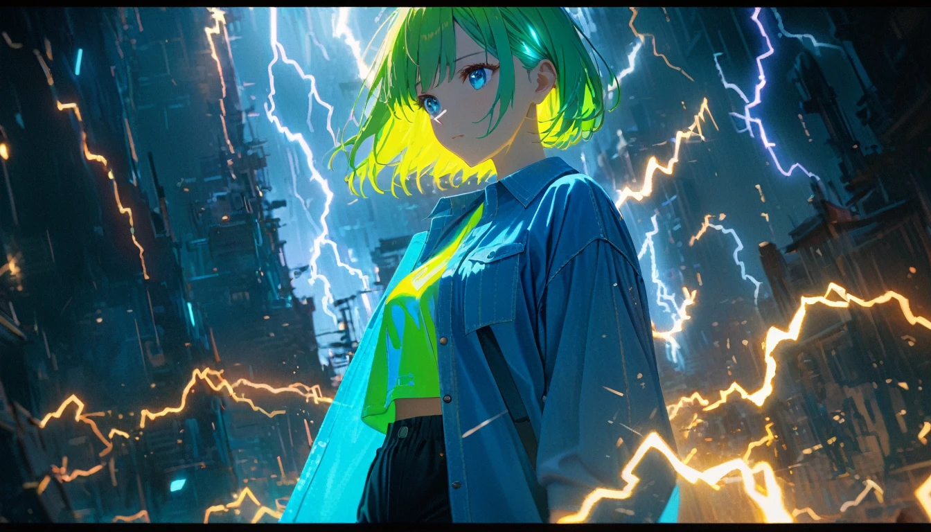 a beautiful girl with blue eyes, green fluorescent hair, short hair, surrounded by lightning, wearing a blue flannel shirt and black shorts, cinematic long shot, 8k, ultra-detailed, dramatic lighting, vibrant colors, cinematic composition