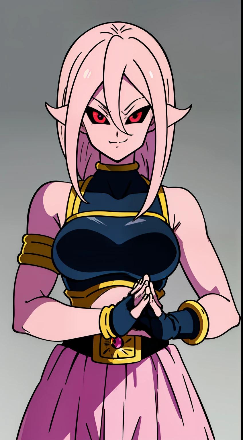 (high-quality, breathtaking),(expressive eyes, perfect face) Symmetrical Eyes, portrait, dragon ball z super, 1girl, female, alien, Majin Race, FMajin, Female Majin Buu, (pink skin:1.1), bubblegum pink skin color, red colored skin, smiling,(black sclera:1.2), red eyes, tentacle hair, baggypants, belt, breastplate, green gauntlets, alien, M, shoulder holes, standing, no nose, grey background, long length hair, wavy hair, hair between eyes