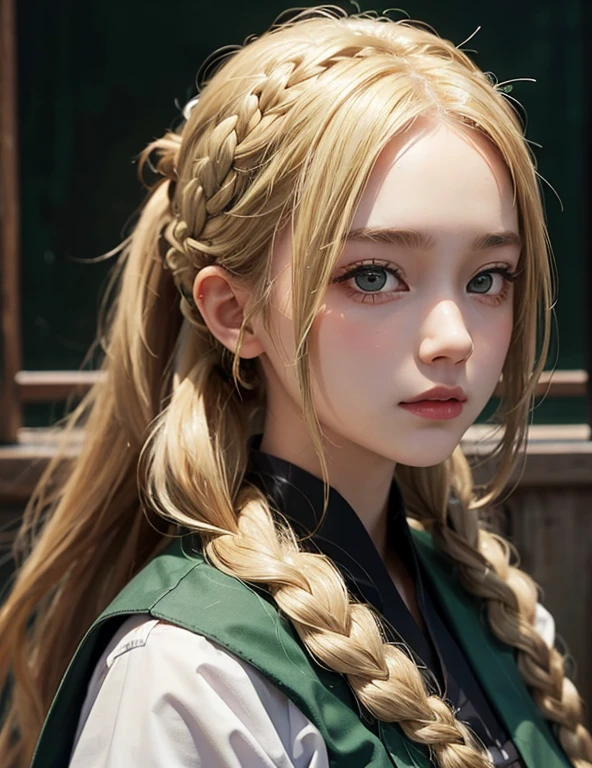 1 Girl, Solitary, Face, portrait, long hair, Ponytail, Blonde Hair, Green Eyes, Large Breasts, School, Face紅, Looking at the audience, thin braids