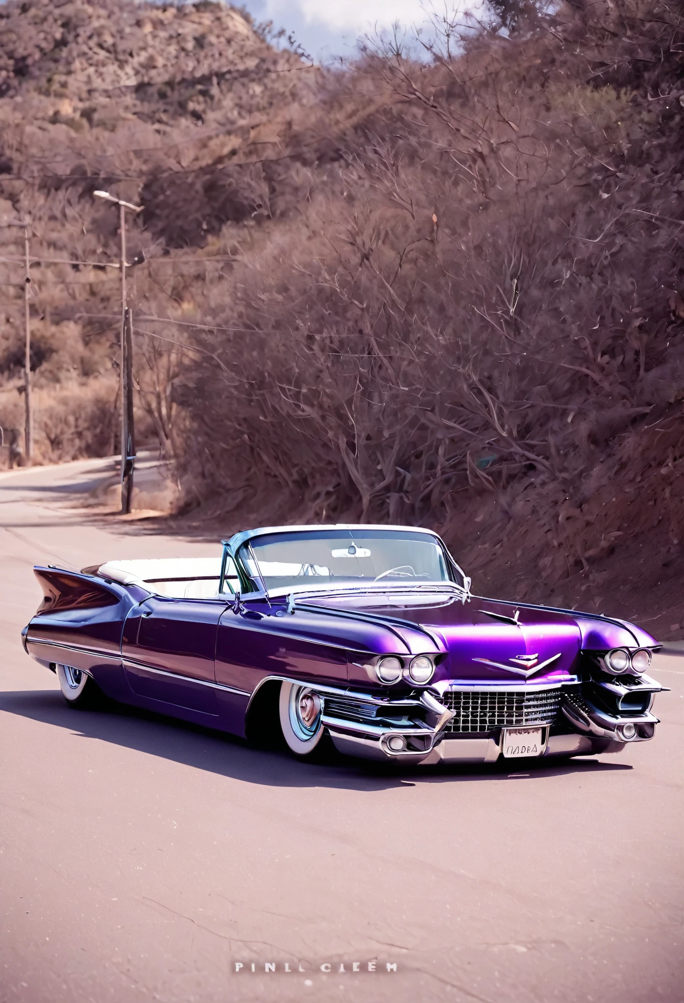 DIAGONAL and distant CAMERA, full image of A beautiful 18 year old girl driving inside a hot rod 1959 Cadillac Eldorado Biarritz convertible, COR roxo cromado METALICO reflexivo, METALLIC purple COLOR, Estilo Hotrod , estilo filme stalone cobra, a pintura reflete a luz do sol, reflexo do brilho da luz na pintura, tem roda cor roxa estrela, tem roda cor roxa estrela, rodas esportivas grossas e ridiculously largas e viradas, RODAS DOURADAS E POLIDAS, tem rodas douradas, ridiculously lowered front suspension, dentro de uma garagem com paredes brancas, imagem em pose diagonal, obra prima, imagem inteira 