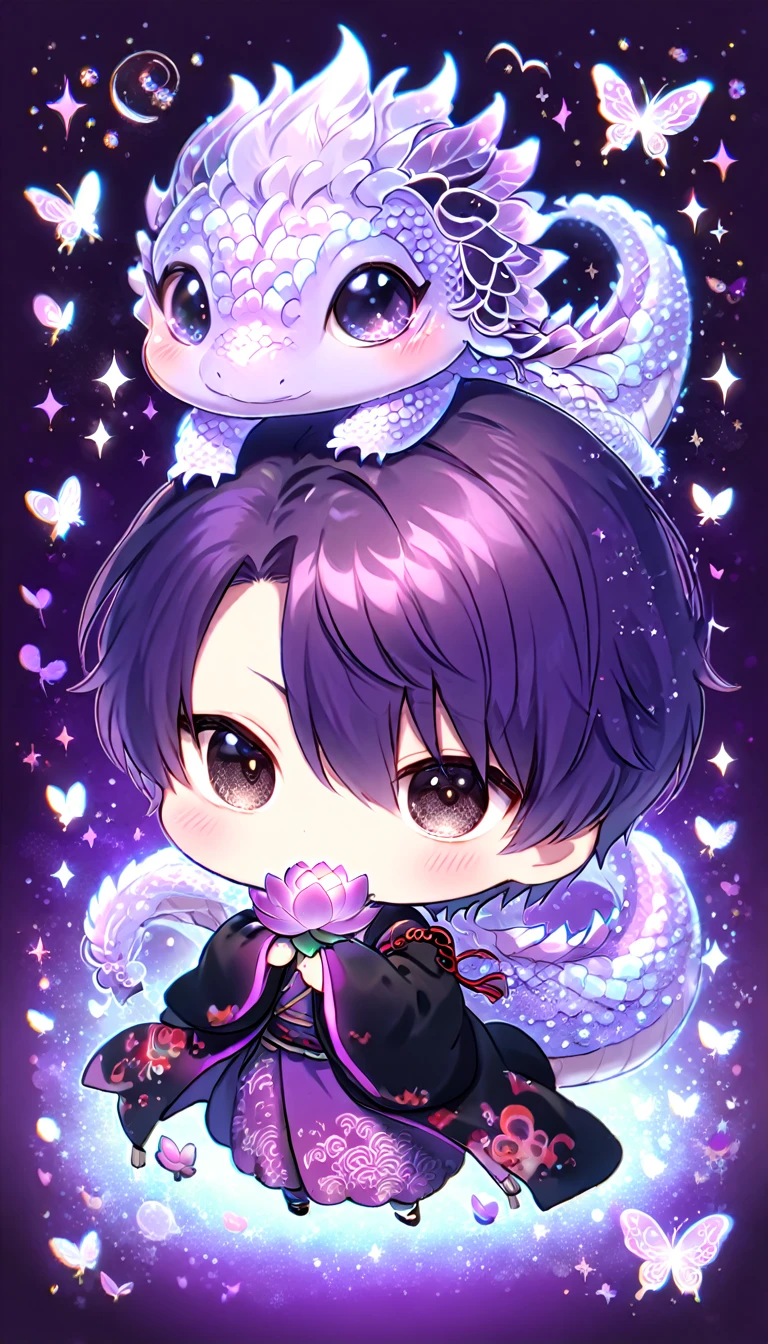 absurdres, highres, ultra detailed, HDR, master piece, best quality, Takasugi Shinsuke chibi, dark purple hair, hair over the left eye, expressive brown eyes, Gintama, cute, hugging a purple dragon, black haori, purple kimono, patterns, magical, fantasy, purple background, purple lotus, shining, purple petals, purple sparkling butterflies, purple water