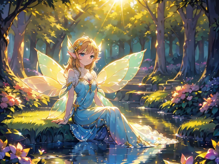 Oil painting, Impressionist, Sitting by a deep forest fountain in the gentle sunlight, feet immersed in water A girl, Beautiful face and brightly colored shining eyes. (Wearing big fairy wings of sunshine effect:1.5) 。She wears an intricate and delicate lace dress. Fantastic deep forest lakeside decorated with flowers. Floral. Reflections. Vivid colors. High image quality.