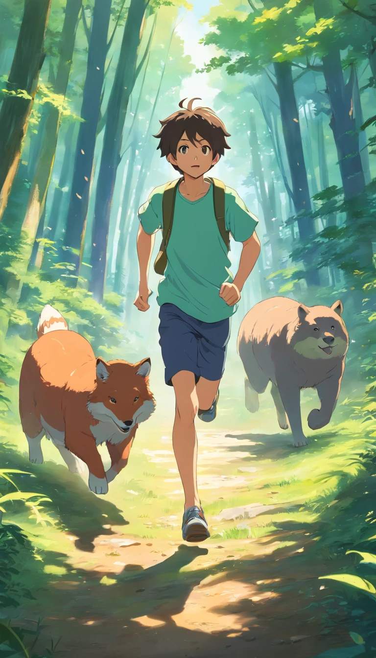 A boy running in the forest with a group of animals