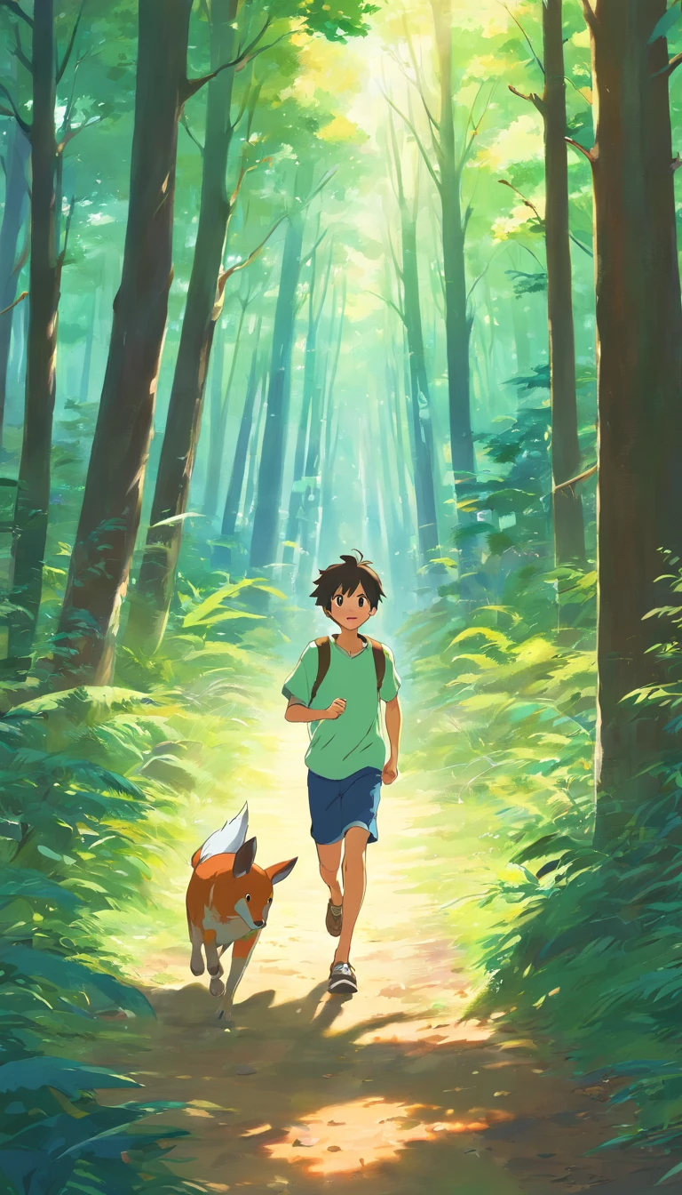 A boy running in the forest with a group of animals
