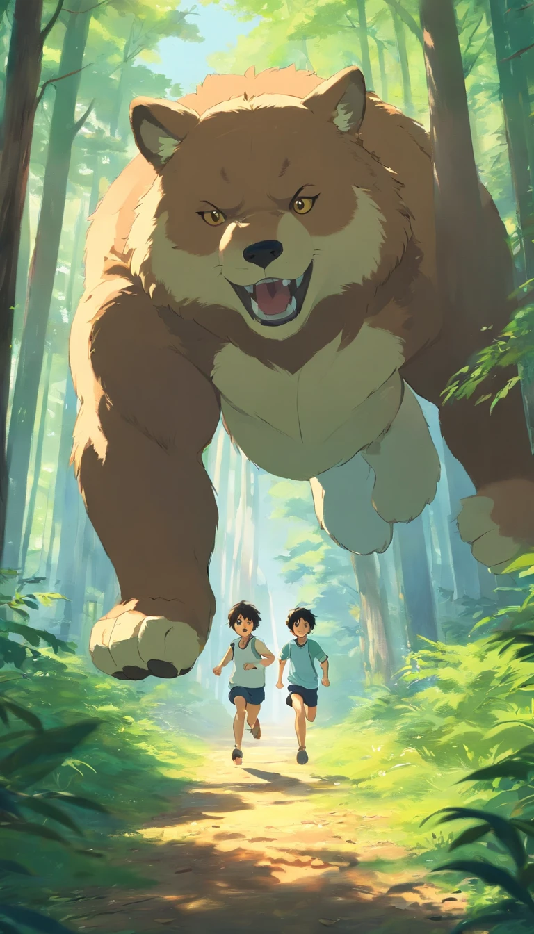 A boy running in the forest with a group of animals
