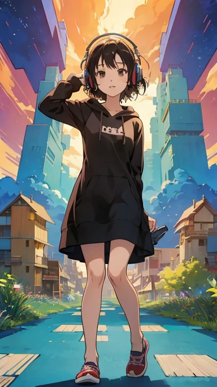 anime girl wearing headphones, praise girl, Animated film stills, Cartoon movie stills, Animated film stills, praise artstyle, Ghibli anime style style, praise colors, Anime movie screenshots, praise art, Ghibli anime style, praise, Stills from an animated movie, style of satoshi kon, Hair is black, Smartphone in hand, Brown eyes, Dress code: hoodie