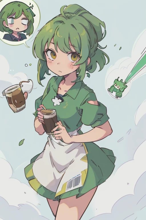 anime girl with green hair holding two cups of coffee, an anime drawing inspired by Mykola Burachek, pixiv, tachisme, loputyn and matcha, android coffee shop, mysterious coffee shop girl, anime girl drinks energy drink, pixiv style, in anime style, marin kitagawa fanart, waifu, in an anime style, at pixiv