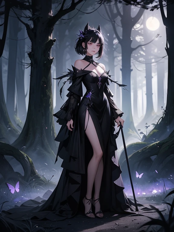 A captivating artwork of a darkly enchanting female character in a shadowy, magical setting. The full-body view reveals her in dark and magical clothes of black and purple, perfectly matching her mysterious aura. Her short black hair and intense crimson eyes exude an allure of dark beauty. She wields a dark staff, emanating an ominous power that complements her enigmatic presence.
The background is a moonlit forest shrouded in mist, with twisted trees and shadows dancing in the dim light. The ground is covered with delicate, glowing mushrooms, and spectral butterflies flit about, adding to the eerie and mystical atmosphere of this enchanting scene.