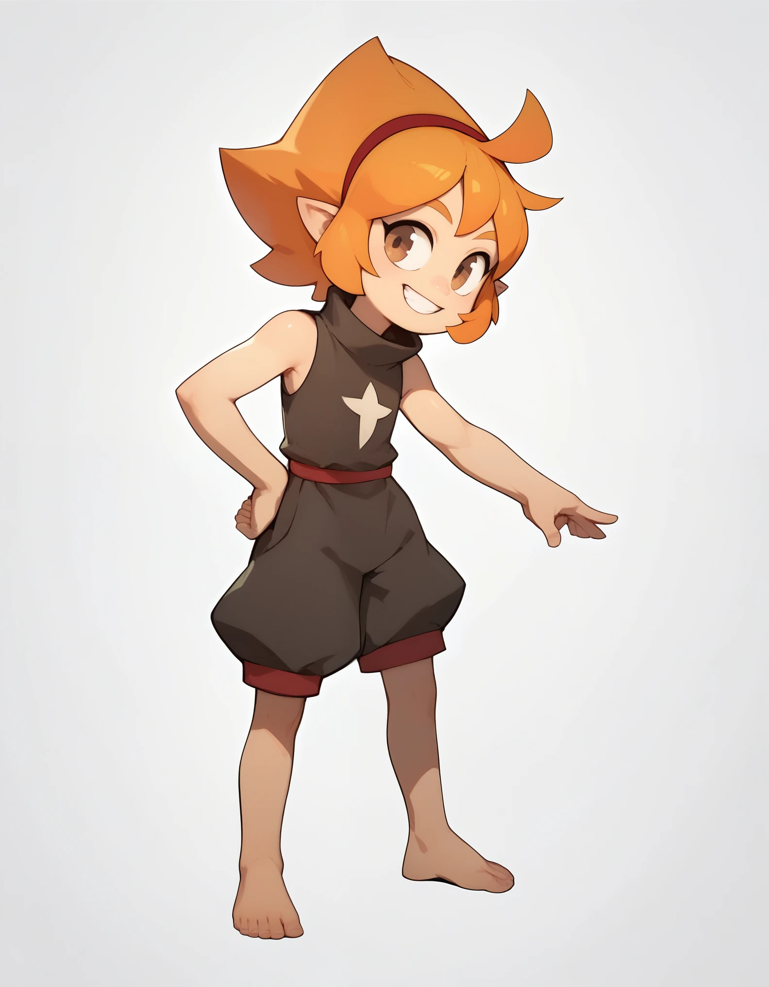 score_9, score_8_up, score_7_up,((best quality)), absurdres,((full body)),ElelyPXL,barefoot, orange hair, brown eyes,pointy ears,red hairband,sleeveless,baggy clothing,black clothes,white background,slim,standing,hand in hip,smile