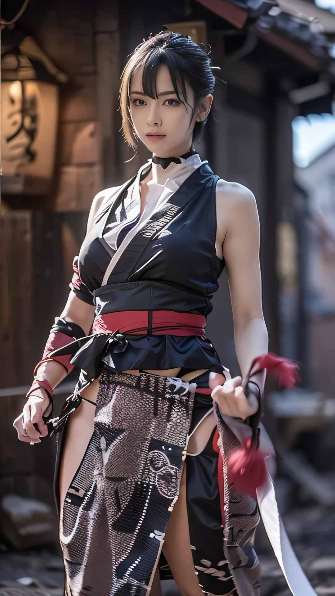 ((The background is the village of Shinobi:1.5)、Female ninja training in the village)、(Realistic、Like a photograph、Live Action、8k, Photorealistic, RAW Photos, Best image quality: 1.4), Single-lens reflex camera、RAW Photos, highest quality, Realistic, Highly detailed CG Unity 8k wallpaper, Written boundary depth, Cinematic Light, Lens flare, Ray Tracing, Realistic background、((waso:1.5、ninjya:1.3、kunoichi:1.4)、Sexy Ninja:1.37、Get into a fighting stance:1.3、Ninjutsu activation:1.2、Trained abdominal muscles)、Grey Hair、short hair、Standing in the village、Night Village、((Ultra-dense skin))、 1 girl,Cute Kunoichi、((whole body:1.5)，Looking at the audience:1.1、Glare、I like that style、Pay attention to the details、The perfect outfit、(White skin)、An accurate portrait、Accurate Arm、Accurate feet、Beautiful legs、Precise thighs、Anatomically correct body、View from below