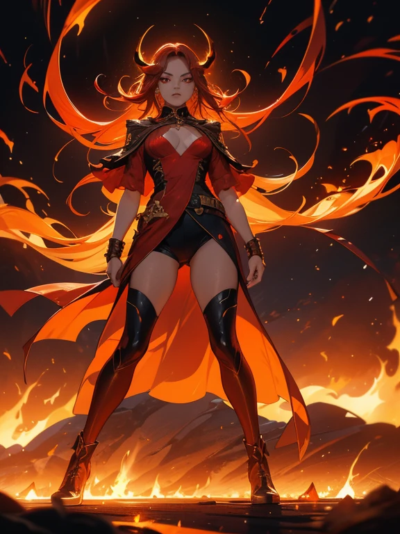 A striking artwork of a fiery and majestic female character amidst a dramatic, fiery backdrop. The full-body view highlights her vibrant gold and red clothes that reflect her fiery nature. Her gradient long hair, transitioning from black to orange to red, flows like flames around her fierce face. Her yellow eyes gleam with determination and courage. She brandishes a flame whip, crackling with fiery energy, enhancing her formidable presence.
The setting is a volcanic landscape with molten lava flows and burning embers lighting up the night. The sky is ablaze with the colors of a setting sun, and the ground is scorched and cracked, giving the scene an intense and dramatic atmosphere that mirrors the character’s fiery spirit.