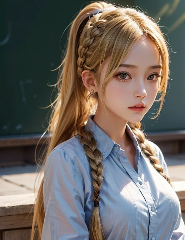 1 Girl, Solitary, Face, portrait, long hair, Ponytail, Blonde Hair, Brown eyes, Large Breasts,  School, Face紅, Looking at the audience, thin braids