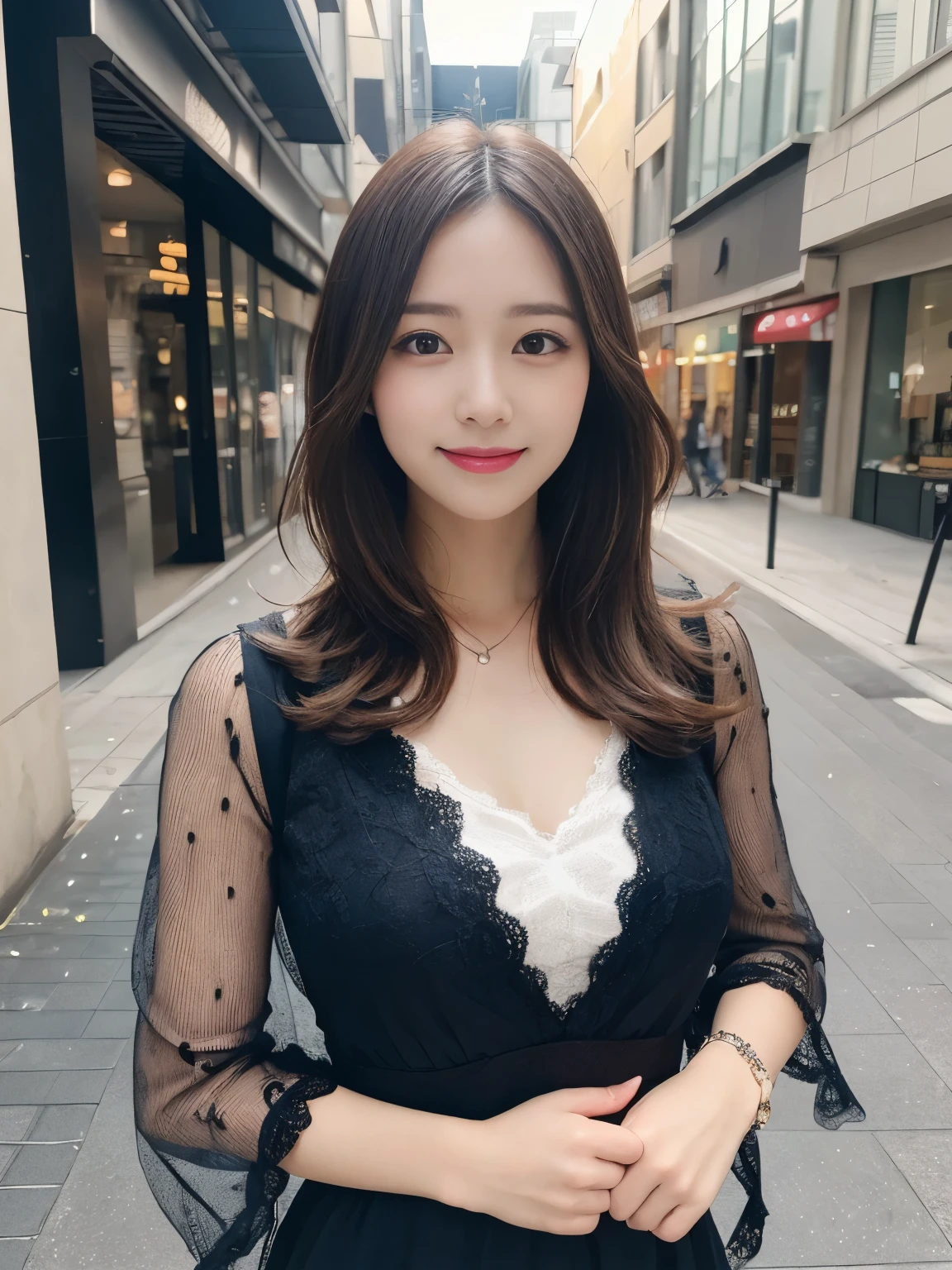 Tabletop, highest quality, figure, Super detailed, In detail, High resolution, 8k wallpaper, Perfect dynamic composition, Beautiful fine details, dress,Medium Hair,Center of chest, Natural color lip, Random sexy poses,smile,Aoyama Street Walk