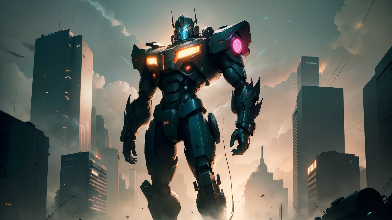 Apelinq, the imposing Autobot from Transformers, is captured in a full-body shot as he towers over a small, tranquil city that has been reduced to rubble. The scene is bathed in a hazy glow of soft neon lights, casting an eerie, surreal atmosphere. The once bustling streets are now silent, save for the occasional creaking of debris and the distant, ominous hum of Apelinq's mechanical systems as he continues his destructive rampage.