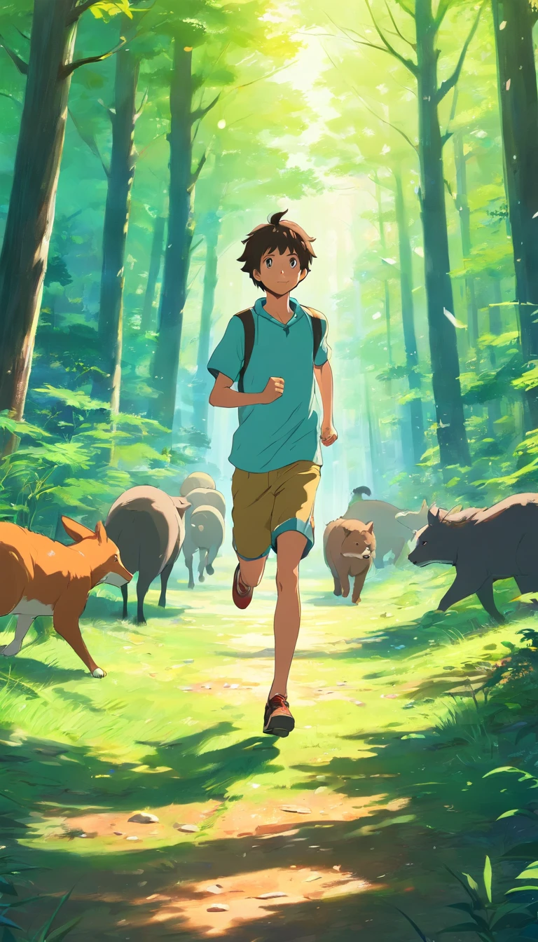 A boy running in the forest with a group of animals