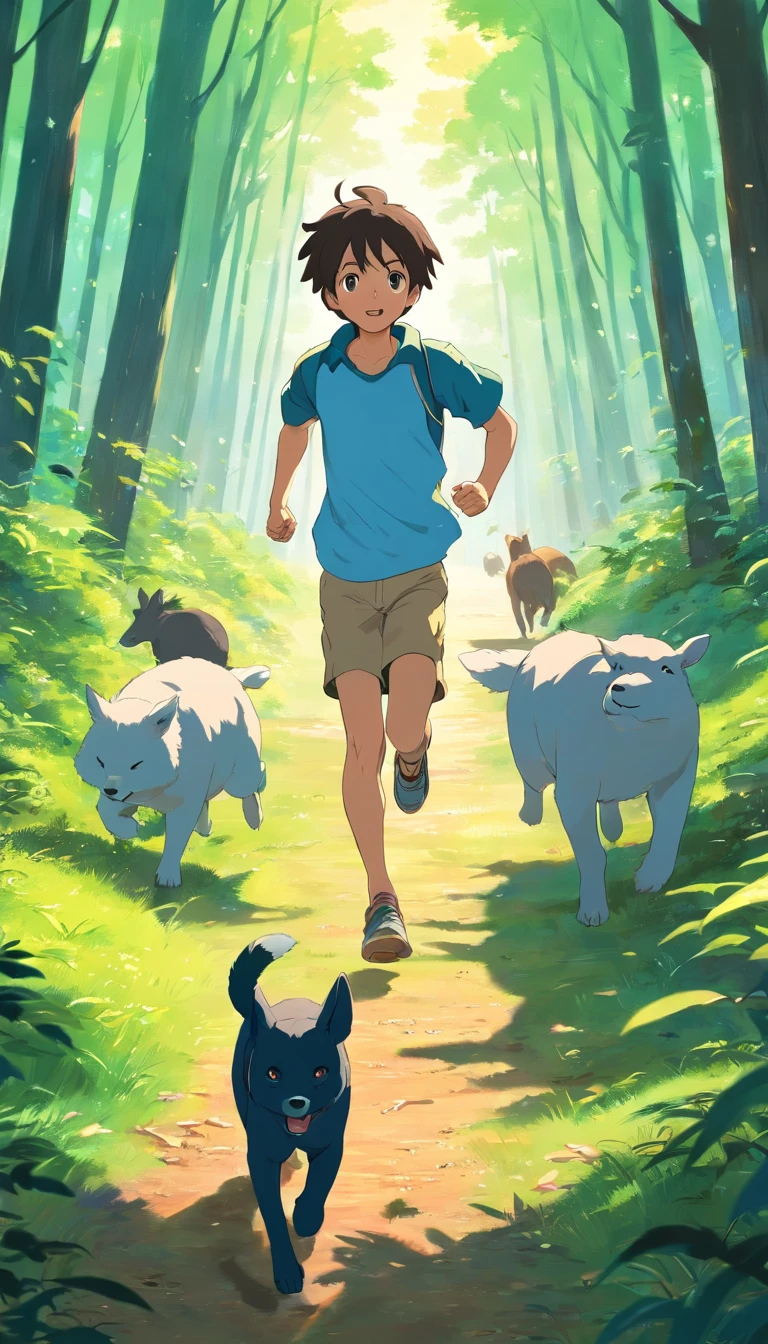 A boy running in the forest with a group of animals