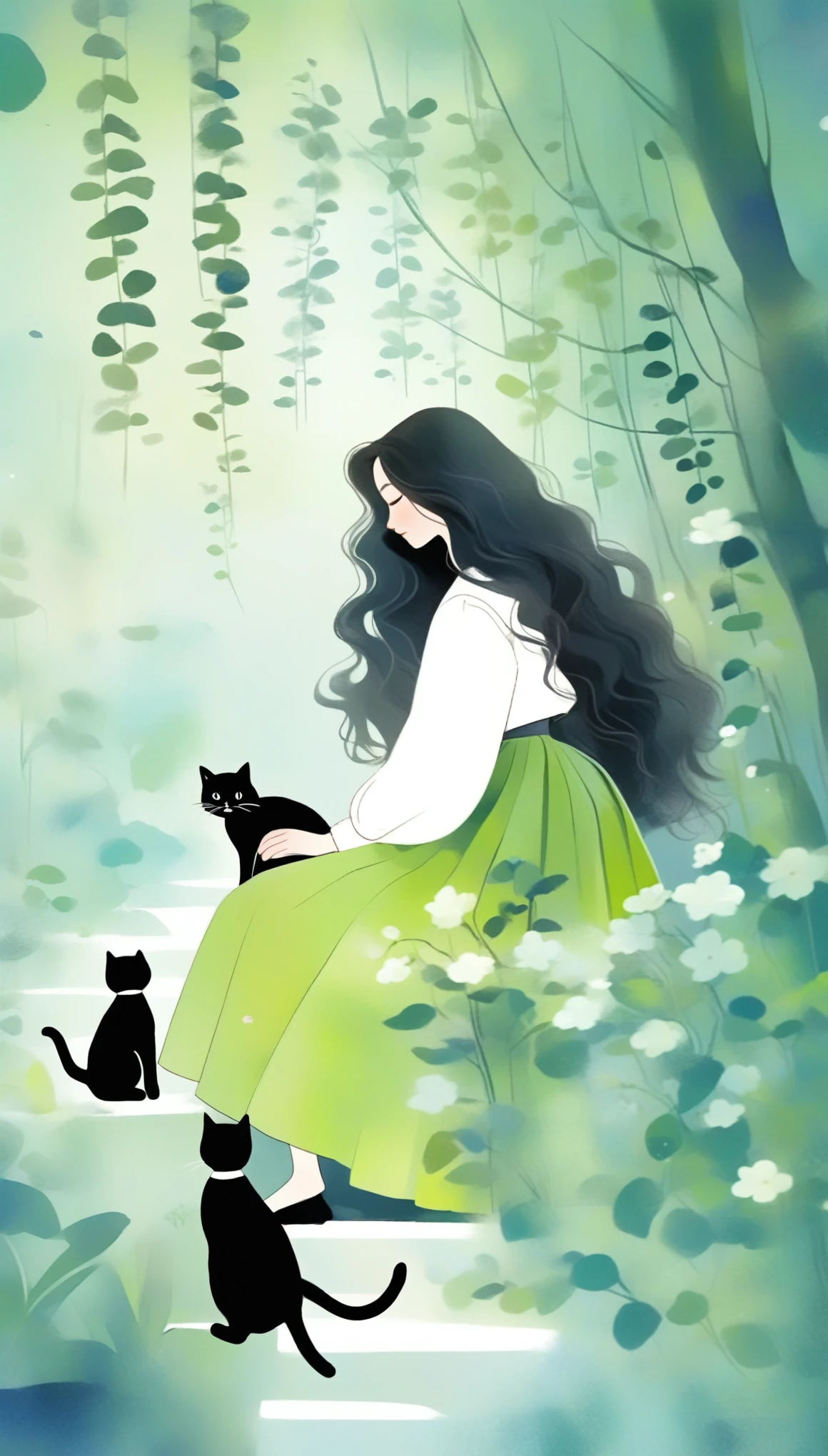 1 Girl, Solitary, long_hair, Black_hair, long_sleeve, skirt, Keep, permanent, close_Eye, flower, artist_Name, signature, from_side, English_letter, Tree, contour, animal, Watermark, Wavy_hair, flower的_Print, Cat, plant, , nature, Internet_adskirt, forest, curly_hair, green_skirt, vine