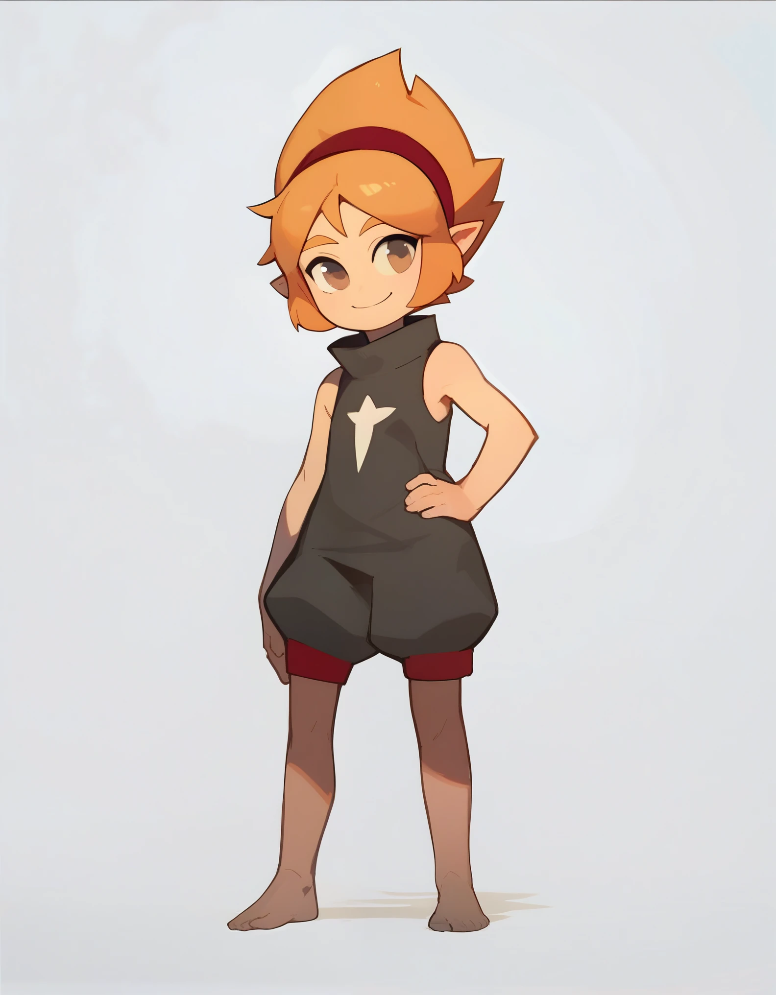 score_9, score_8_up, score_7_up,((best quality)), absurdres,((full body)),ElelyPXL,barefoot, orange hair, brown eyes,pointy ears,red hairband,sleeveless,baggy clothing,black clothes,white background,slim,standing,hand in hip,smile