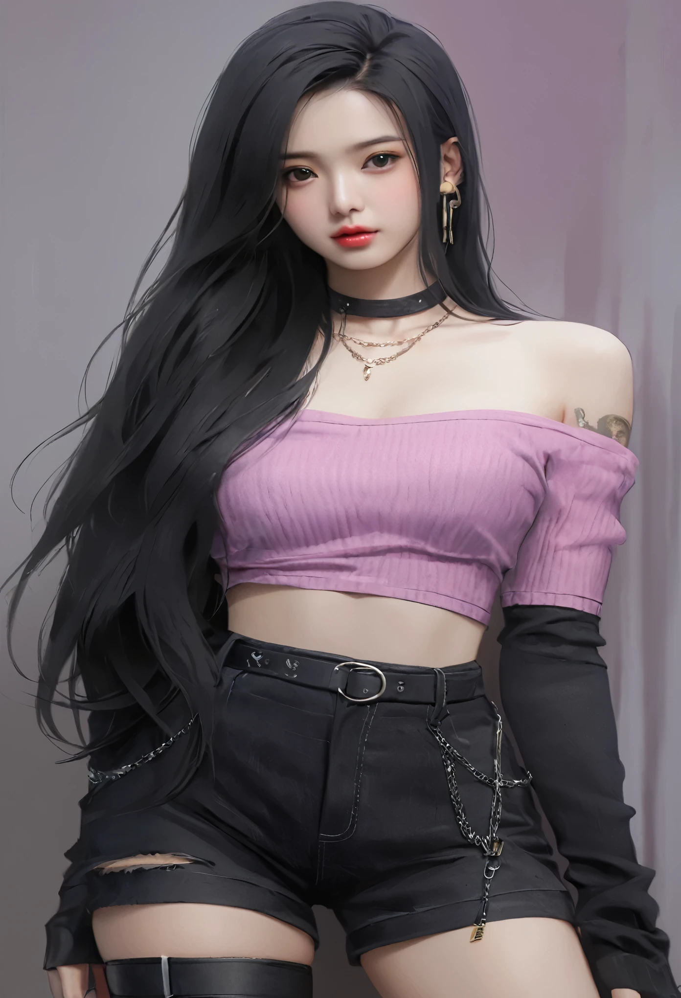 Beautiful girl , sexy slim fit body, long straight  black hair , crop top, gorgeous eyes  , pink lips , blushed cheeks  ,