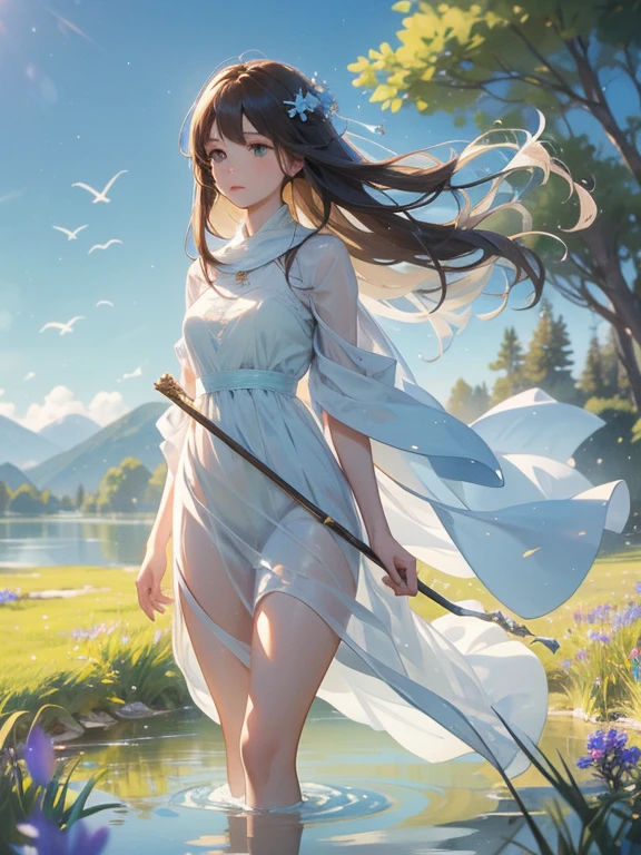 A serene artwork of a calming female character in a peaceful, natural setting. The full-body view presents her in flowing white and blue clothes that evoke a sense of tranquility and peace. Her brown hair and green eyes are soothing to behold. She carries a healing staff, symbolizing her gentle and nurturing nature.

The setting is a lush meadow under a clear blue sky, with a gentle breeze rustling the tall grass and wildflowers. A calm, sparkling lake reflects the purity of the scene, and birds sing softly in the background, enhancing the serene and calming atmosphere.
