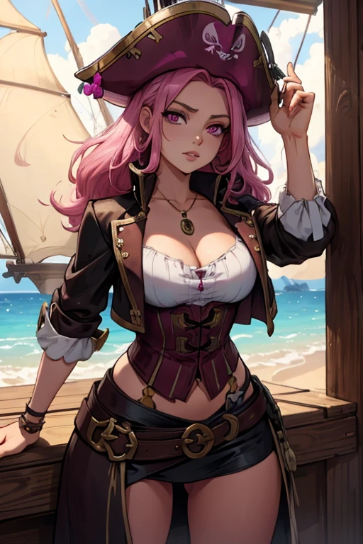 A pink haired female pirate with violet eyes with an hourglass figure in a pirate outfit is posing at the end of a plank of a pirate ship