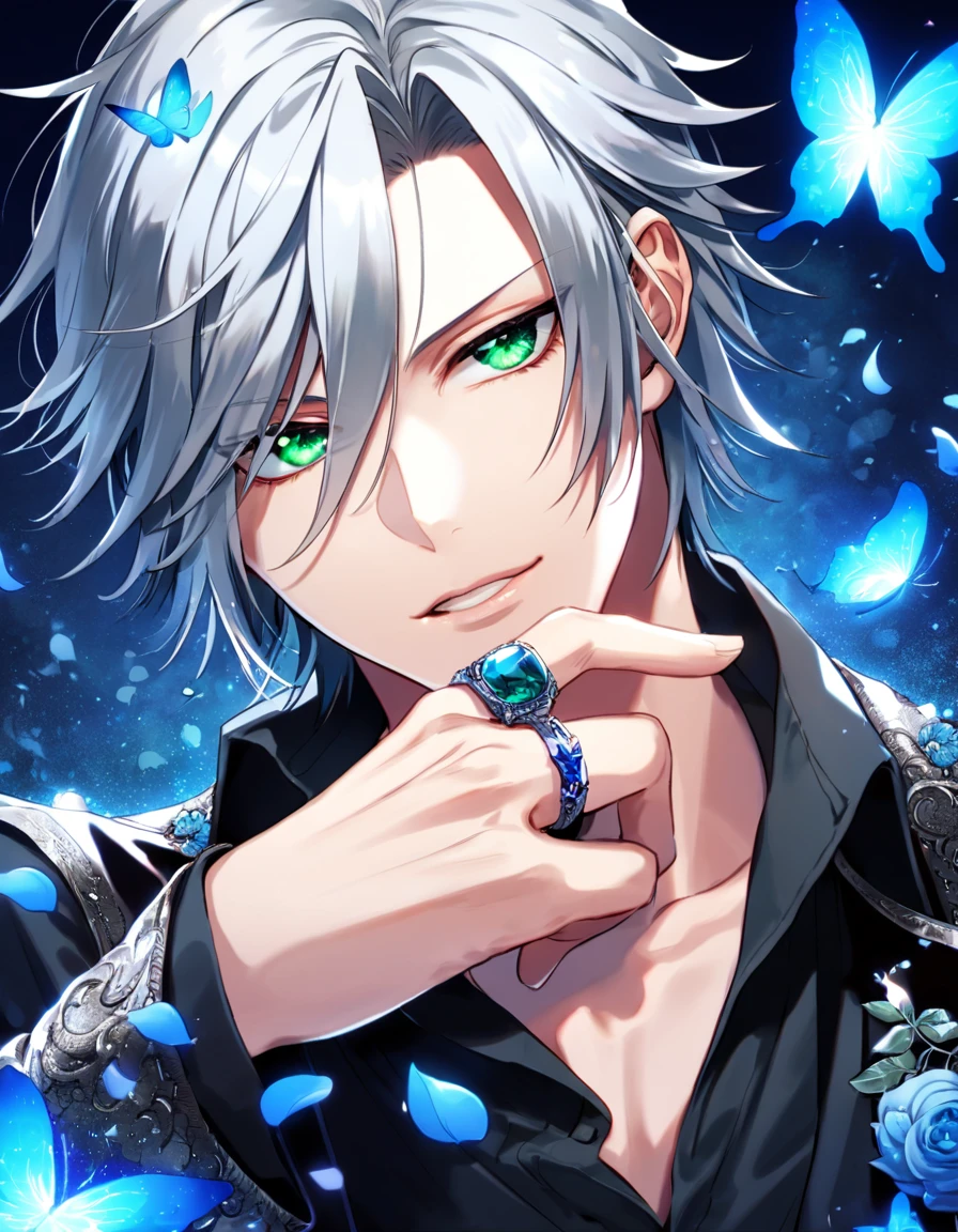 Ultra detailed, HDR, Highres, absurdres, master piece, Gokudera Hayato, gray hair, without bangs, expressive green eyes, black shirt, Katekyo Hitman Reborn!, glittering blue butterflies, petals, blue flowers, handsome, sexy man, rings, extremely detailed face and eyes, glittering, blue background, perfect face, best quality, blue water, magical, fantasy, 