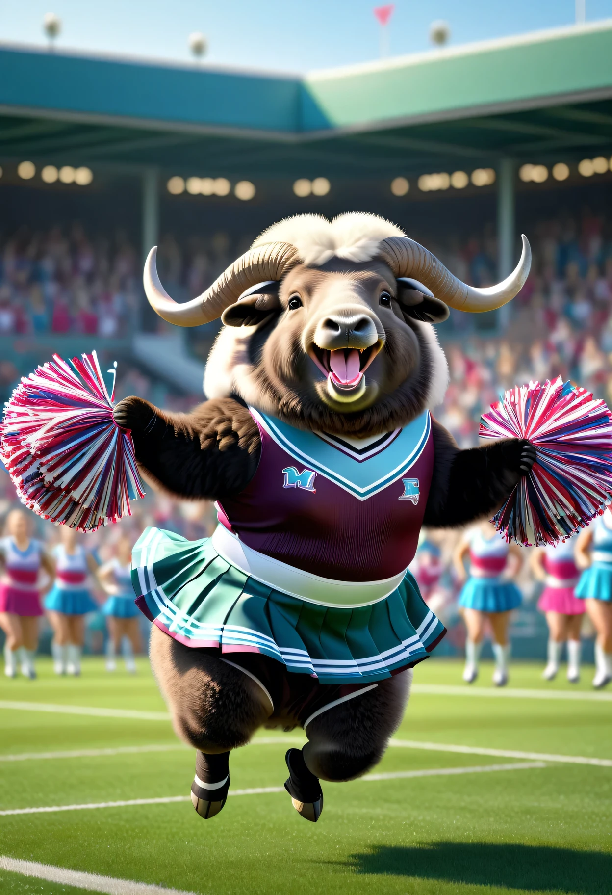 photorealistic portrait of Dressed animals - a ((fat)) cute musk ox cheerleader ,(action pose:1.5),(jumping:1.2),(happy smile),(), high quality,(lovely) ,intricate detailed decorations, highly detailed (cheerleader wear), skirt and underwear, holding pom-poms, grass sports field background , (happy), perfect lighting,(full body image:2.0)