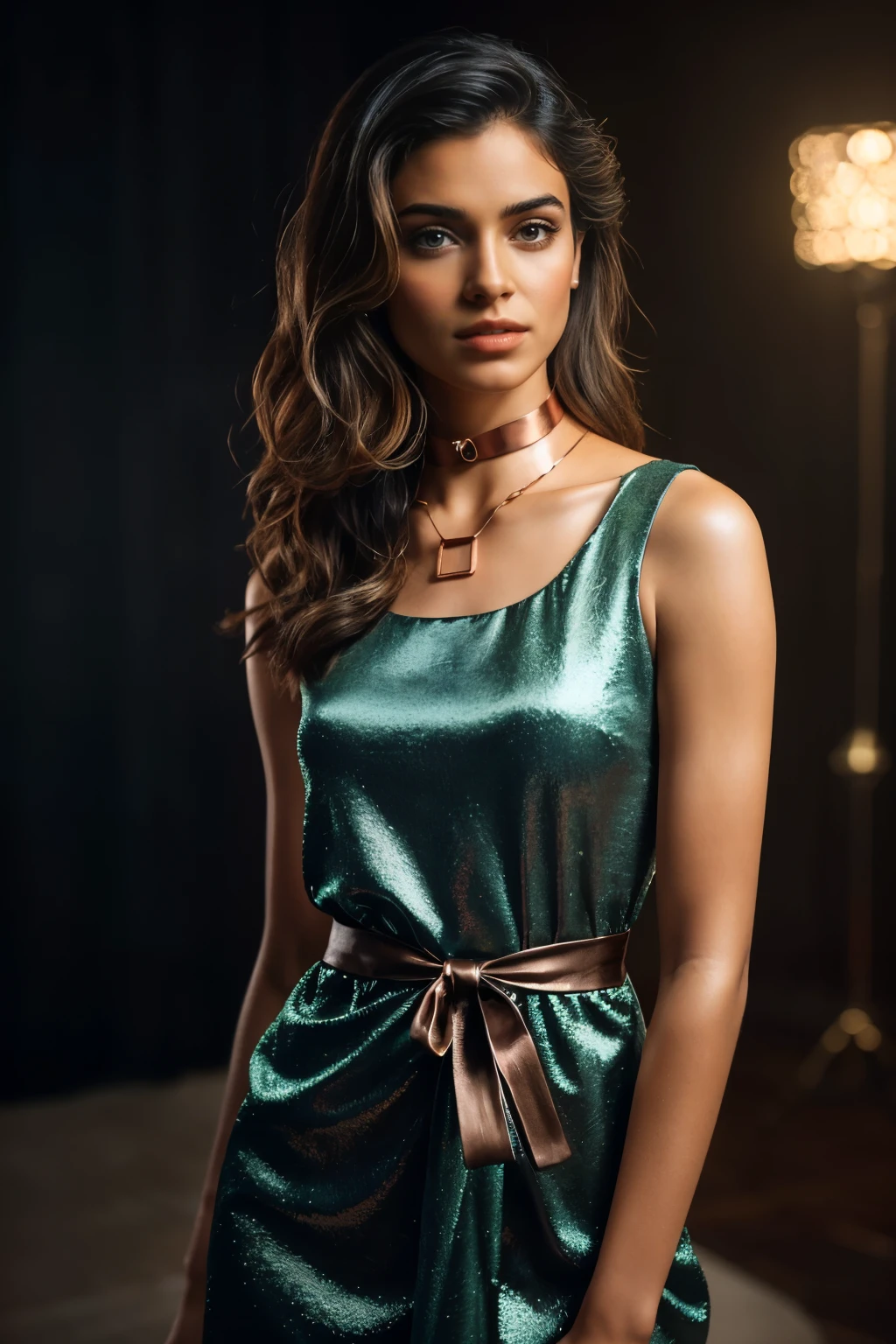 In this photograph, an Indian Instagram female model in her mid-20s takes center stage. , (highly detailed face:1.4) (smile:0.7) (backround 5 star hotel , moody, private study:1.OV, by lee jeffries, nikon d850, film stock photograph ,4 kodak portra 400 ,camera f1.6 lens ,rich colors ,hyper realistic ,lifelike texture, dramatic lighting , cinestill 800, realistic, wearing copper brown combination dobby weave self design fit & flare dress Sweetheart neck Short, puff sleeve Tie-up detail on back Above knee length in flounce hem Attached Lining Chiffon fabric, actress, karla ortiz, posing!!, candid picture, by Max Dauthendey,Completing the aesthetic, the model wears a slave collar with a chain around her neck. The photograph is meticulously captured in 8K resolution using cutting-edge techniques such as Cinema 4D and Octane Render, resulting in a highly detailed and photorealistic image. Studio lighting, HDR, and a smoky mist create a captivating ambiance, while the bokeh effect adds an artistic touch.