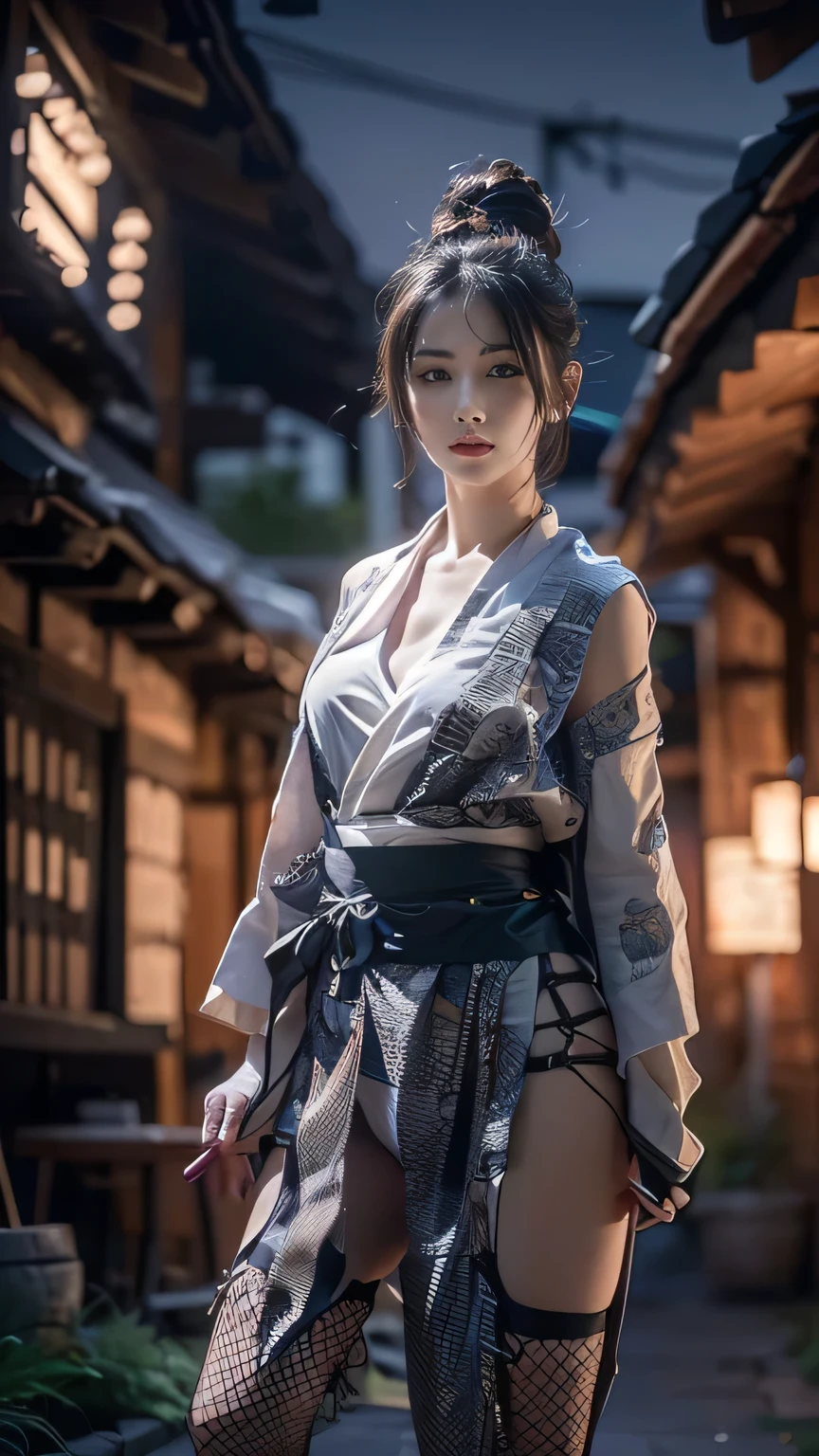 ((The background is the village of Shinobi:1.5)、Female ninja training in the village)、(Realistic、Like a photograph、Live Action、8k, Photorealistic, RAW Photos, Best image quality: 1.4), Single-lens reflex camera、RAW Photos, highest quality, Realistic, Highly detailed CG Unity 8k wallpaper, Written boundary depth, Cinematic Light, Lens flare, Ray Tracing, Realistic background、((waso:1.5、ninjya:1.3、kunoichi:1.4)、Sexy Ninja:1.37、Get into a fighting stance:1.3、Ninjutsu activation:1.2、Trained abdominal muscles)、Grey Hair、short hair、Standing in the village、Night Village、((Ultra-dense skin))、 1 girl,Cute Kunoichi、((whole body:1.5)，Looking at the audience:1.1、Glare、I like that style、Pay attention to the details、The perfect outfit、(White skin)、An accurate portrait、Accurate Arm、Accurate feet、Beautiful legs、Precise thighs、Anatomically correct body、View from below