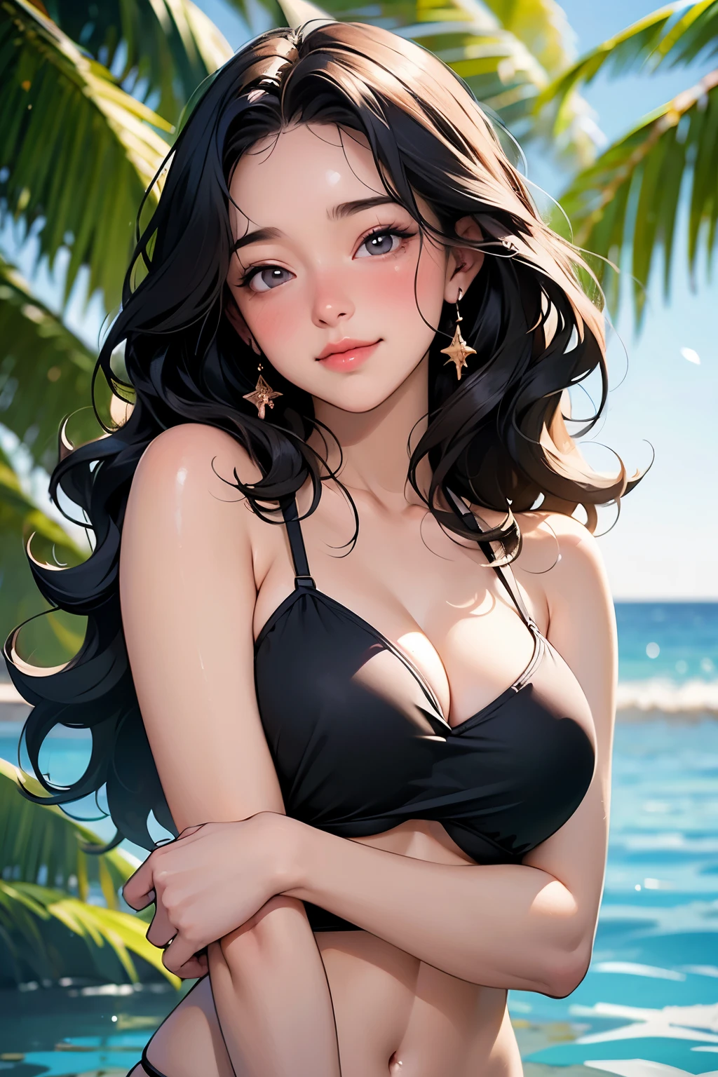 ((masterpiece)), ((best quality)), (detailed), (girl), wavy hair, light black hair, large breasts, photograph, beautiful detailed face, detailed eyes, (embarrassed,blush:1.2), (Swimwear), light smile, upper body