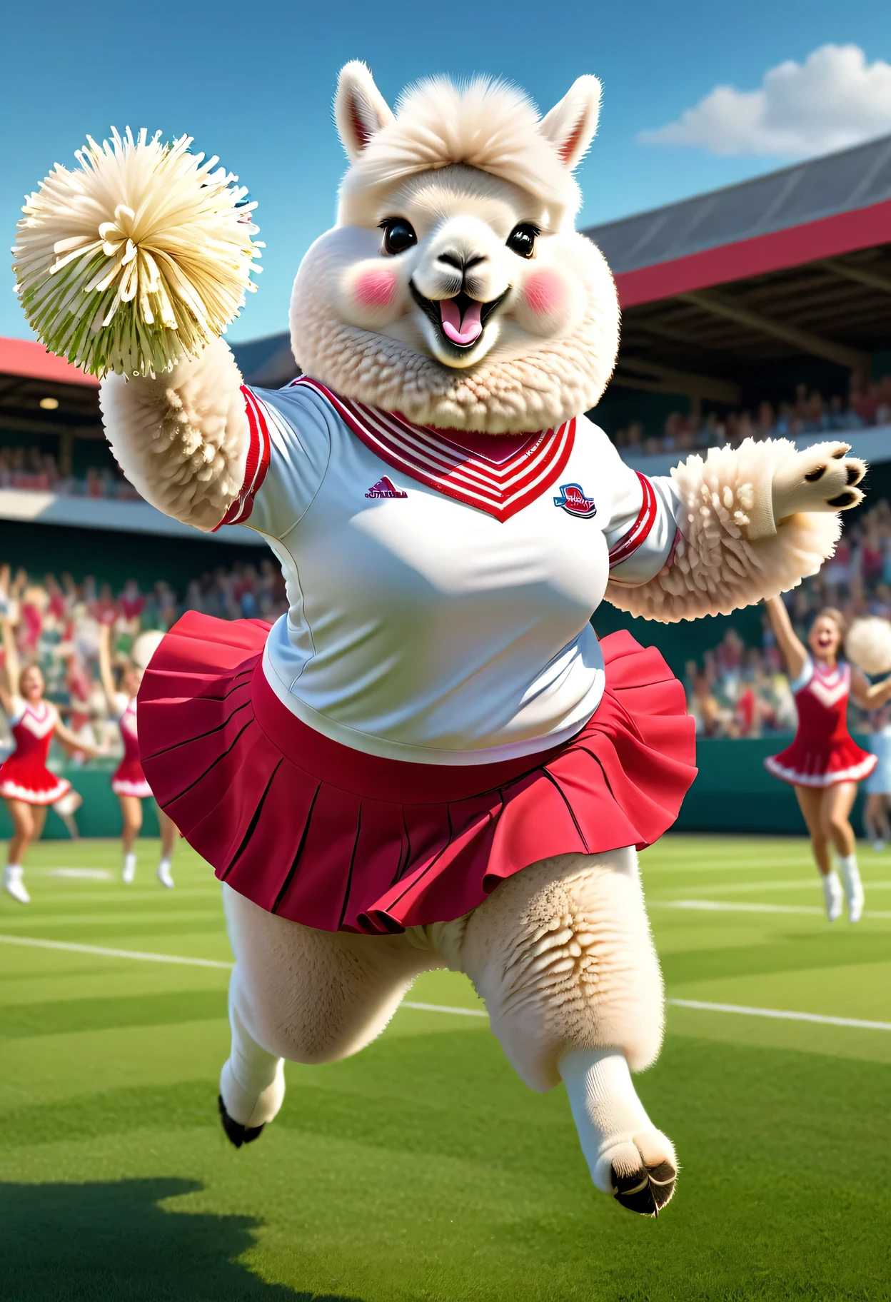 photorealistic portrait of Dressed animals - a ((fat)) angora sheep cheerleader ,(action pose:1.5),(jumping:1.2),(happy smile),(), high quality,(lovely) ,intricate detailed decorations, highly detailed (cheerleader wear), skirt and underwear, holding pom-poms, grass sports field background , (happy), perfect lighting,(full body image:2.0)