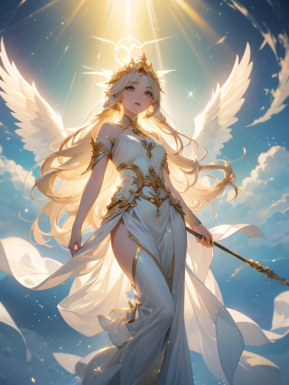 A divine and radiant artwork of a holy female character in a heavenly, ethereal setting. The full-body view reveals her dressed in shimmering white and gold clothes that radiate divine light. Her presence is serene and awe-inspiring. She holds a holy staff, exuding a powerful and benevolent energy.
The background is a celestial realm with golden clouds and beams of sunlight breaking through. Angelic creatures flutter in the air, and a grand temple stands majestically in the distance, creating a divine and radiant atmosphere that reflects the character's holy nature.