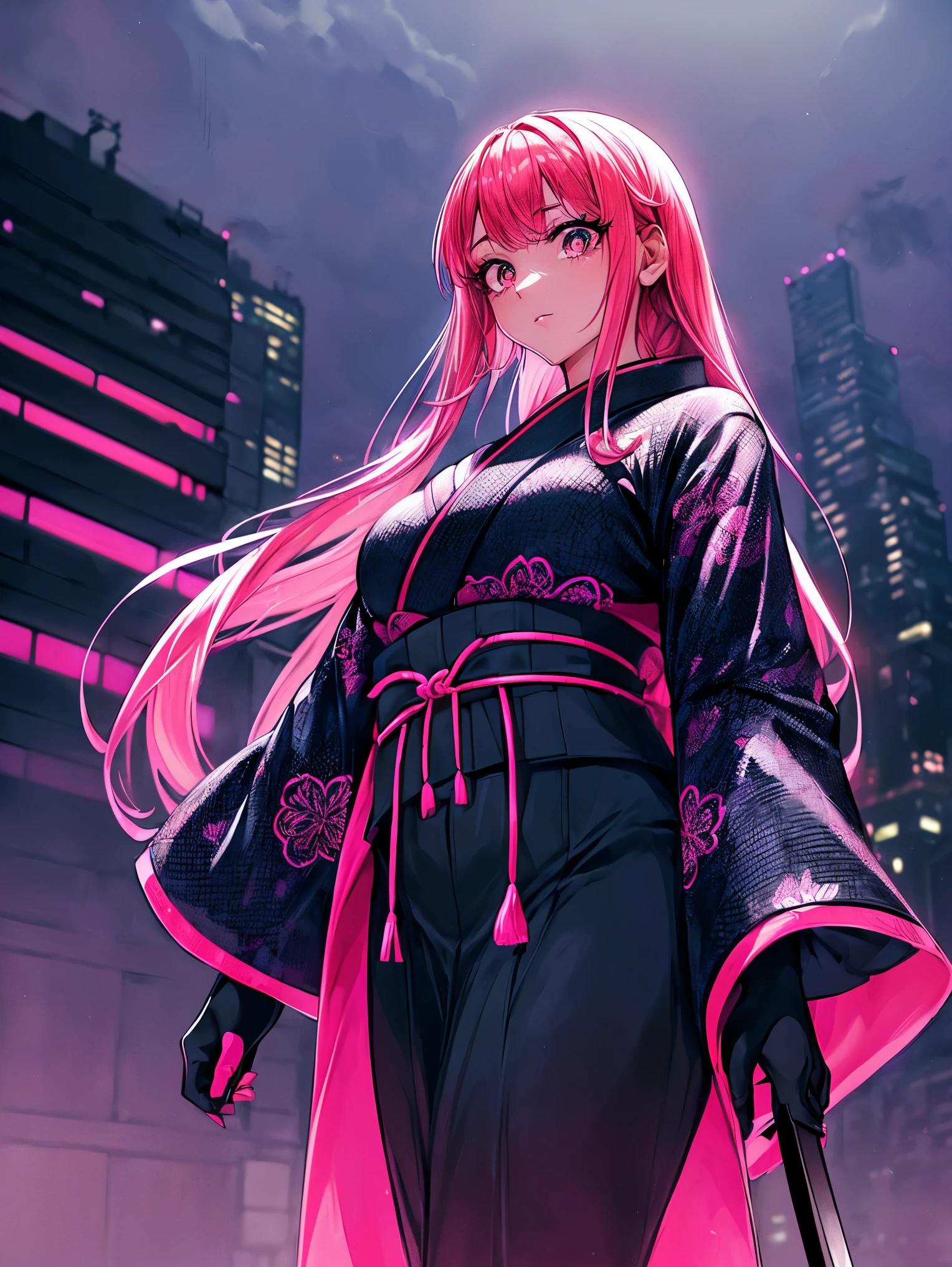 anime, (obra de arte, melhor qualidade, ultra-detalhado, Alto contraste), 1 mulher (sozinho, corpo todo, corpo plus size, standing on the edge of the skyscraper, cabelo prateado, LONGO em um rabo de cavalo, olhos vermelhos, olhos perfeitos brilhos de rubi, (kimono longo preto simples, black cybernetics with neon pink), Meias pretas transparentes), (skyscraper roof, com vista para uma cidade, fundo detalhado ((Night time, darkness, low light pollution)))