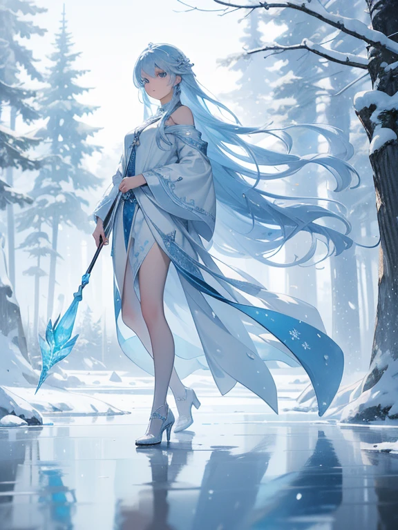 An icy and pristine artwork of a serene female character in a cold, wintry landscape. The full-body view reveals her dressed in blue and white clothes that mirror the icy surroundings. Her medium-length blue hair and light blue eyes radiate a cool, calming beauty. She holds an ice staff, embodying the essence of winter's purity.

The setting is a snowy forest with frost-covered trees and a frozen lake that glistens in the pale light. Snowflakes gently fall from the sky, and the air is crisp and clear, creating a serene and pristine atmosphere that enhances the character's icy elegance.
