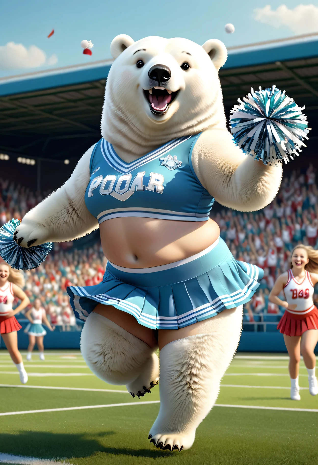 photorealistic portrait of Dressed animals - a ((fat)) cute polar bear cheerleader ,(action pose:1.5),(jumping:1.2),(happy smile),(furry), high quality,(lovely) ,intricate detailed decorations, highly detailed (cheerleader wear), skirt and underwear, holding pom-poms, grass sports field background , (happy), perfect lighting,(full body image:2.0)