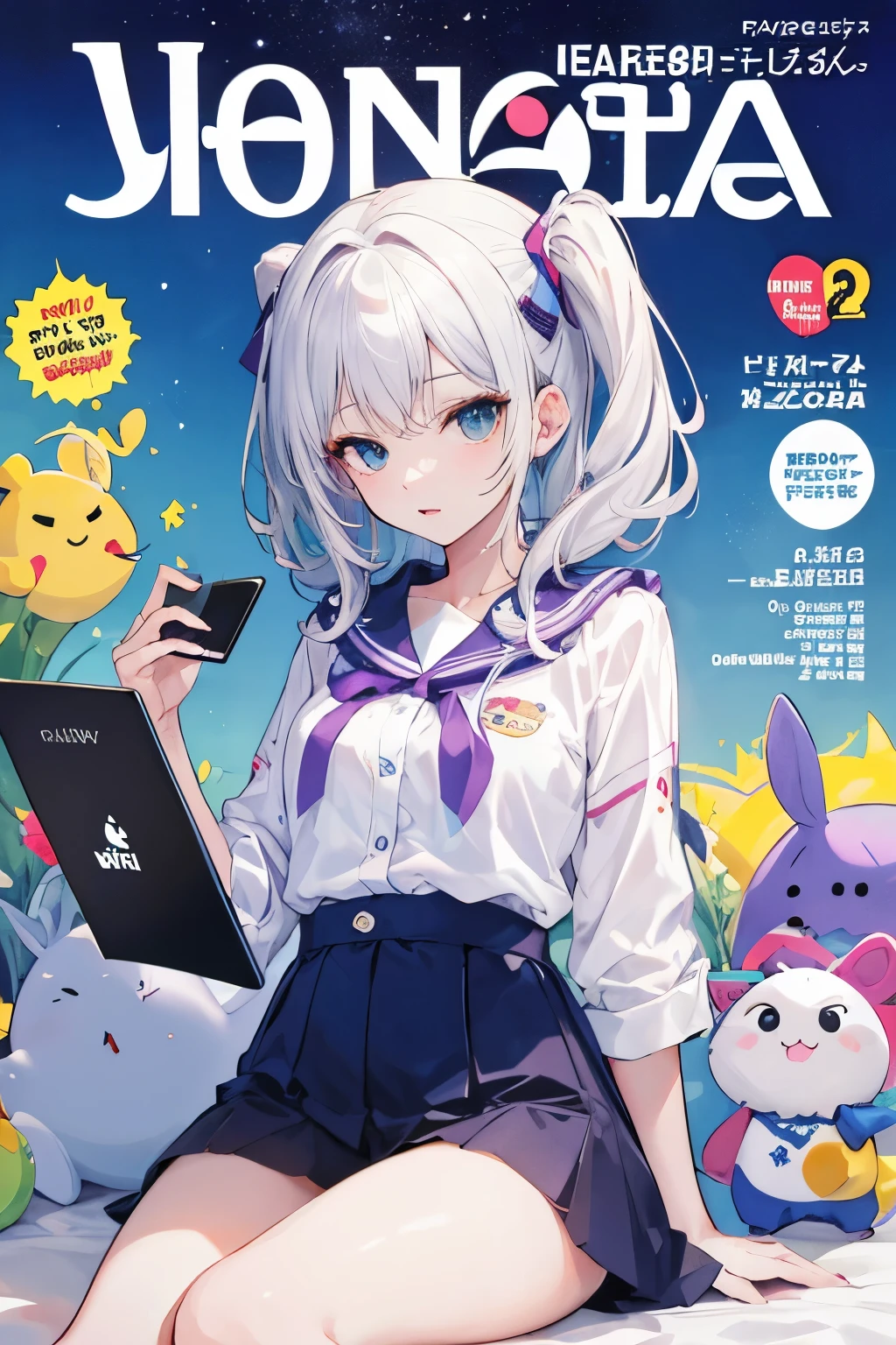 Una chica,Cabello blanco,Orejas de conejo,Tiene una tablet,la tablet hay un comic