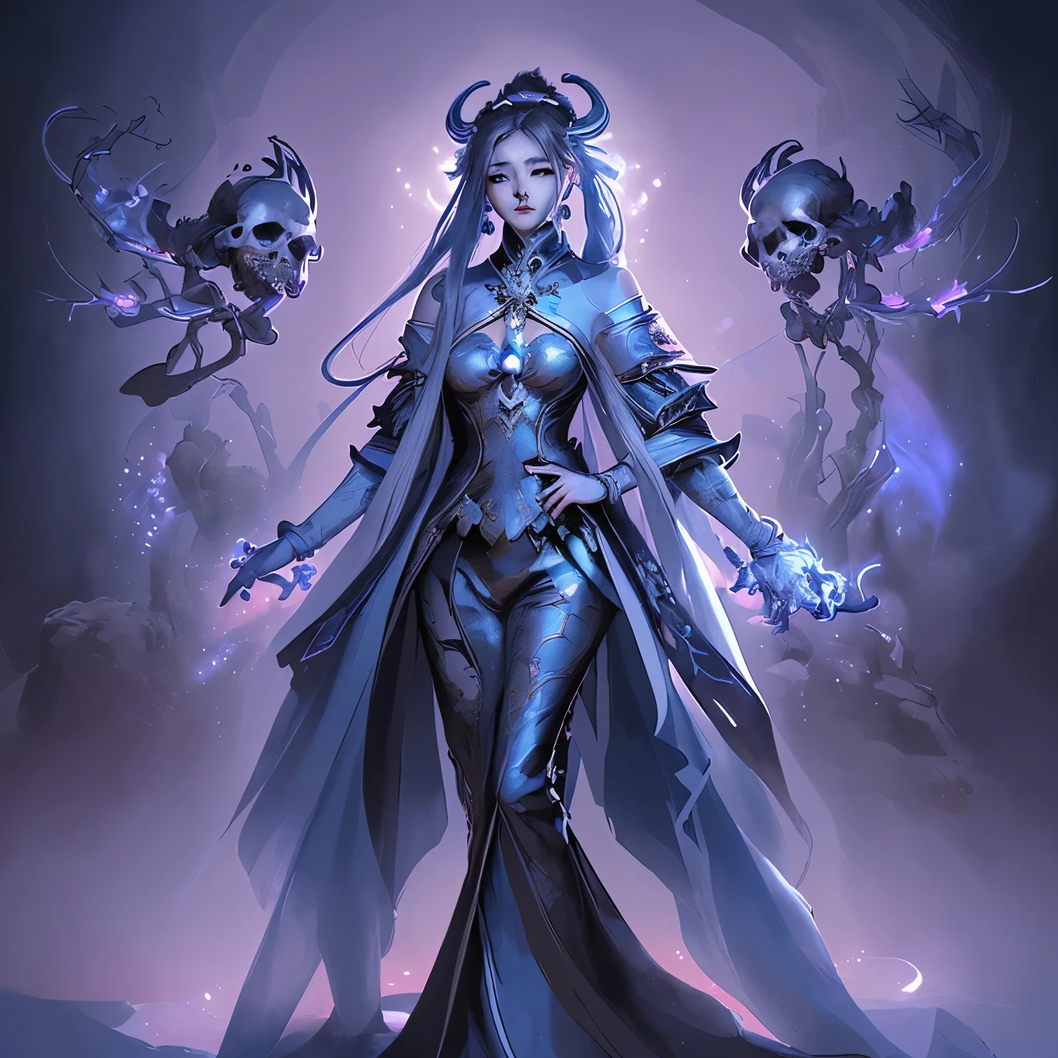 Cropped view of woman with left hand holding a skull with lights, Duelyst style, Rossdraws 2. 0, Rossdraws 1. 0, beautiful heavenly mage, Rossdraws 2. 5, Rossdraws Sakimimichan, A very detailed R-Team germ., 8K high quality detailed artwork., magic user ,shaman ,see full body