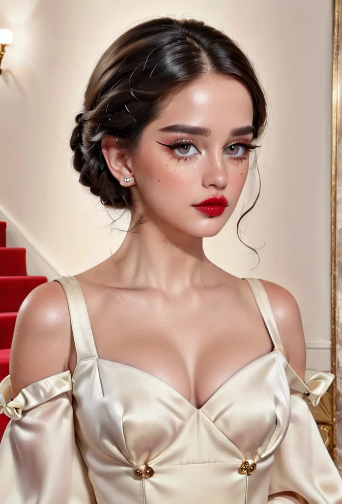 22 year old woman, piel morena clara, estatura 1.67 cm, cabello corto a nivel debajo de los hombros, cejas arqueadas y finas, nariz fina como la nariz de lana del rey, ojos grandes almendrados, small mouth moderately full lips, small mole on chin, parecw un punto, complexion delgada, small but shaped breasts, caderas, piernas largas, small and beautiful feet with shoes 37uk, vestida de gala, cartera carolina herrera, zapatos Louboutin, ropa gucci ((photorealism)) ((epicrealism)) alta calidad, 4k, 8k