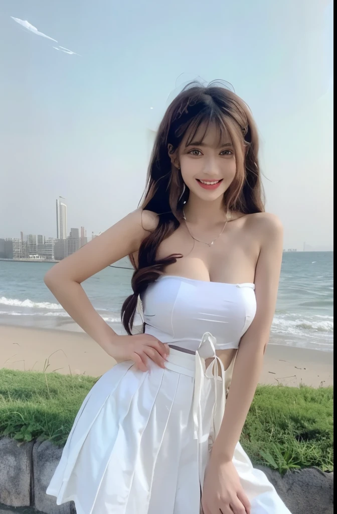 Beautiful woman with perfect body:1.4,Layered Hairstyle,Prominent :1.2,Highly detailed face and skin textures,Double eyelids,Skin Whitening,Long hair,Whitened long legs,(White shirt,Pleated Skirt)Standing by the sea