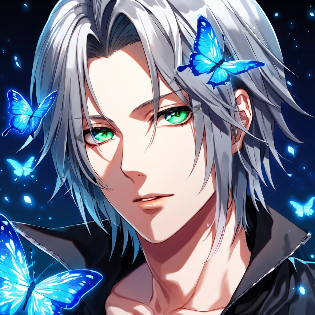 Ultra detailed, HDR, Highres, absurdres, master piece, Gokudera Hayato, gray hair, without bangs, expressive green eyes, black shirt, Katekyo Hitman Reborn!, glittering blue butterflies, petals, blue flowers, handsome, sexy man, extremely detailed face and eyes, glittering, blue background, perfect face, best quality, blue water, magical, fantasy,