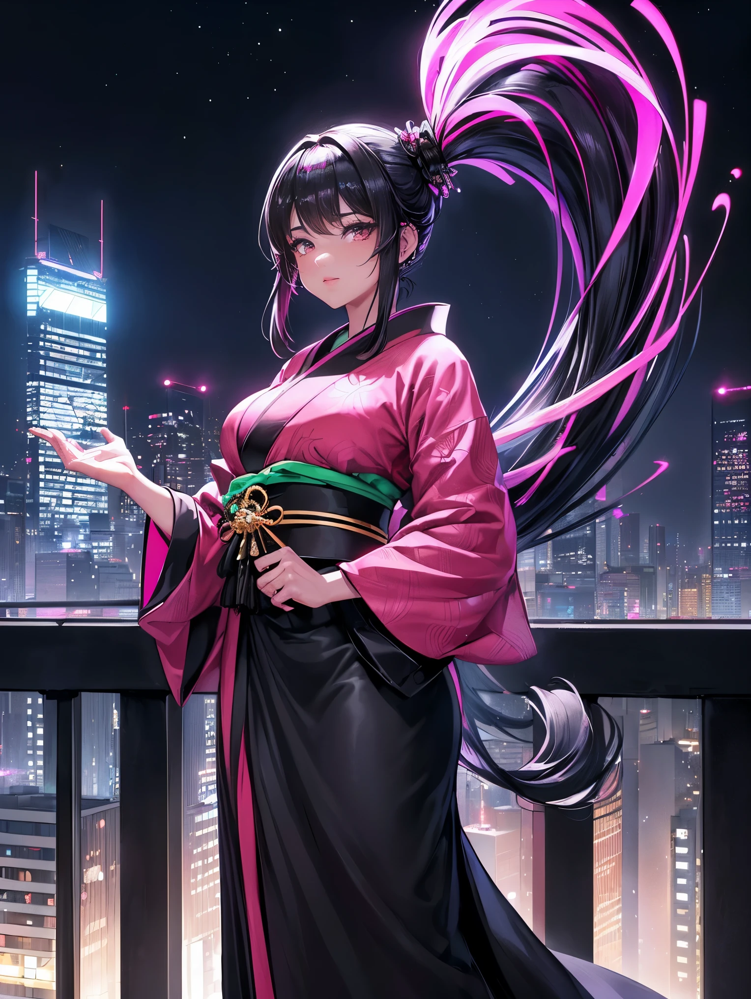 masterpiece,best quality,girl, highly detailed, urban scenery, daytime, single female figure, joyful expression, wearing a striped shirt with rainbow colors, the artist's signature style, Korean girl exploring a traditional temple, captivating black eyes, flowing long hair adorned with purple ornaments