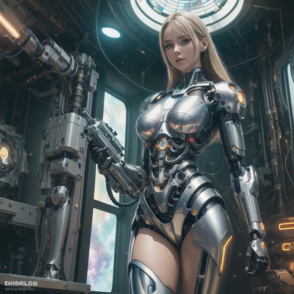 (masterpiece, best quality:1.2), 1girl, solo, Ultra High Resolution, ((Photorealistic: 1.4), 1 Cyborg Girl, Glowing Skin, 1 Mechanical Girl), ((Ultra Realistic Details)). Arafed woman in a futuristic suit standing in a room., cyborg girl, beautiful cyborg girl, girl in mecha cybernetic armor, cyborg - girl, beautiful white cyborg girl, cute cyborg girl, beautiful and seductive female cyborg, beautiful cyborg girl, perfect anime Cyborg woman, Cyborg woman, cyborg girl, perfect cyborg woman, cyborg fashion model. beautiful bare legs, perfect female legs, view of her crotch, small bright LED lamps, global illumination, deep shadows, Octane Rendering, 8K, Ultra Sharp, realistic light, facing the camera, neon details, (In the forest, hot summer,). ((colorful galaxy background, glass window)) ((colorful galaxy background, glass window))