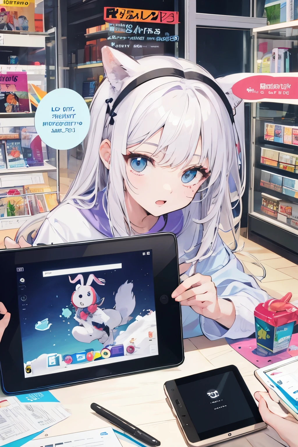 Una chica,Cabello blanco,Orejas de conejo,Tiene una tablet,la tablet hay un comic