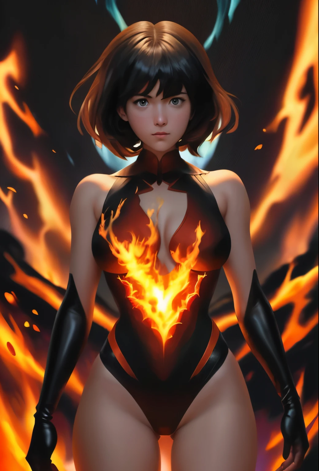 a woman in a black and orange outfit standing in front of a fire, artgerm and atey ghailan, best anime 4k konachan wallpaper, krenz cushart and artgerm, her body made of flames, badass anime 8 k, extremely detailed artgerm, she has fire powers, ryuko matoi