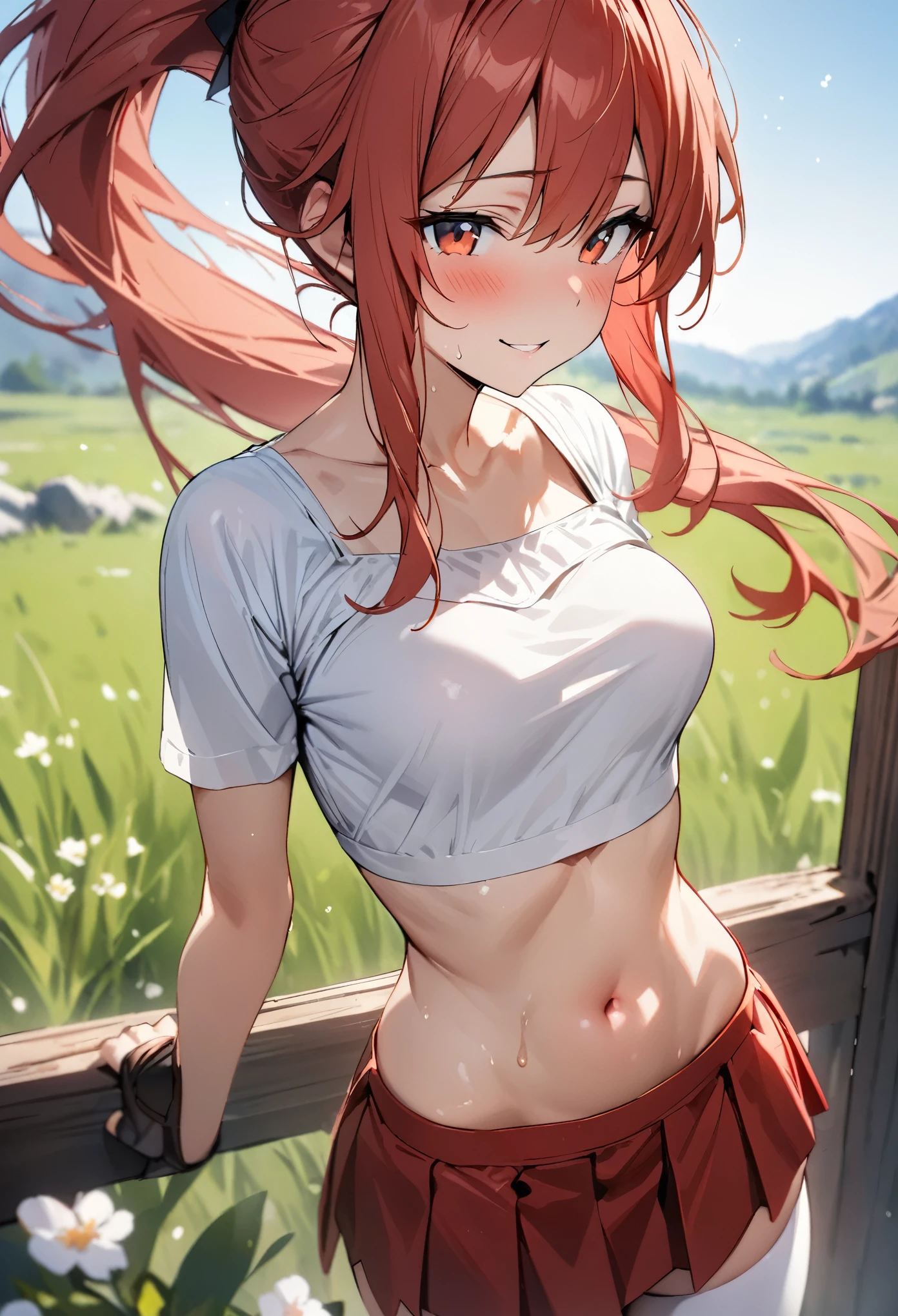 ((masterpiece, highest quality:1.3)),cowboy shot,25 year old beauty,solo,((very small head)),red hair,ponytail hair,long hair,red eyes,blunt,skinny,medium breasts,((long body)),slender body,skinny,shiny skin,oily skin,blush,A strong smile、White off-the-shoulder blouse、Crop top、navel、Short sleeve、Brown Leather Gauntlets、Pleated red mini skirt、white_thighhighs、grassland、Blue Sky、